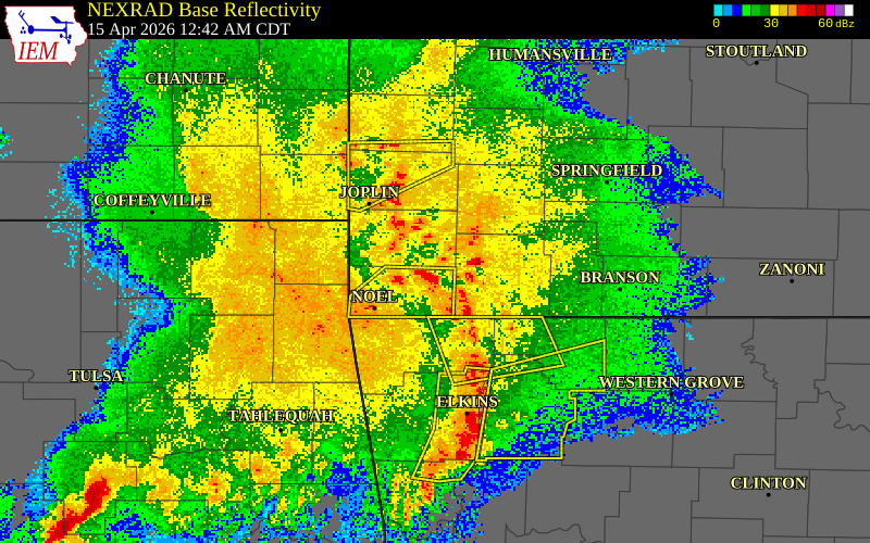 NEXRAD radar during the Wednesday, April 15, 2026 storm activity in McDonald County, Missouri