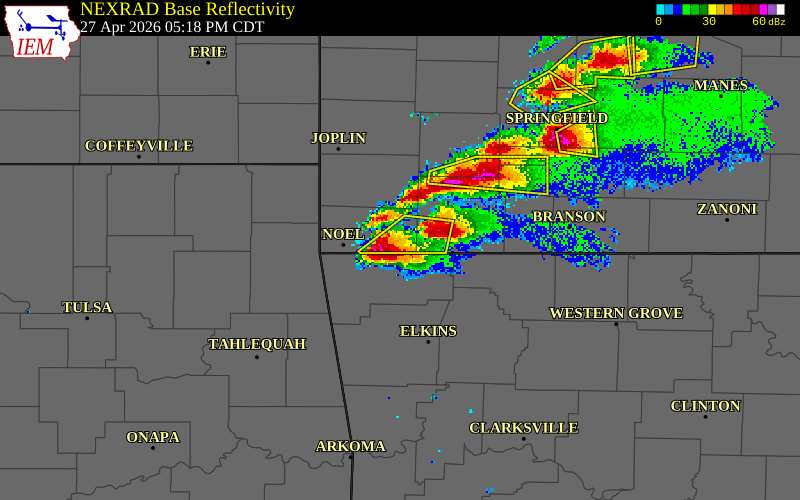 NEXRAD radar during the Monday, April 27, 2026 storm activity in McDonald County, Missouri