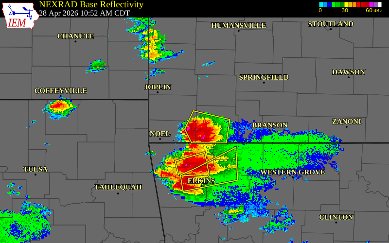 NEXRAD radar during the Tuesday, April 28, 2026 storm activity in McDonald County, Missouri