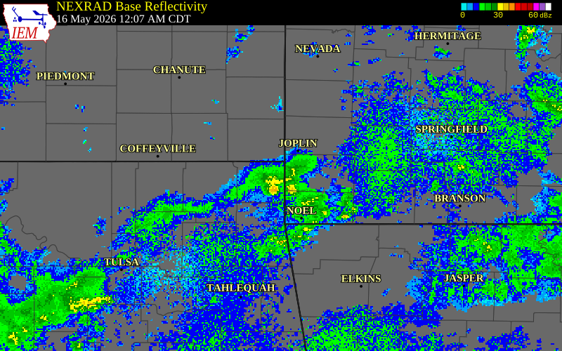 NEXRAD radar during the Saturday, May 16, 2026 storm activity in McDonald County, Missouri