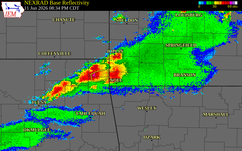 NEXRAD radar during the Thursday, June 11, 2026 storm activity in McDonald County, Missouri