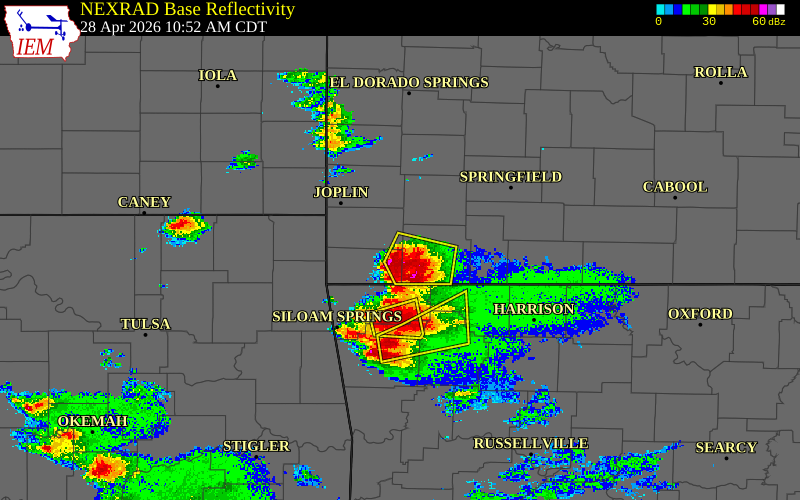 Radar snapshot during the Apr 28, 2026 hail event near Rocky Comfort, McDonald County, Missouri, with NWS warning polygons