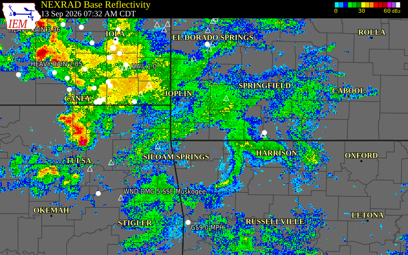 Current NEXRAD radar over McDonald County, Missouri with recent storm report locations