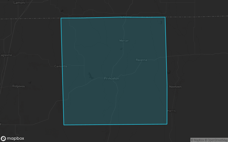 Map of Mercer County, Missouri showing the county boundary and surrounding cities
