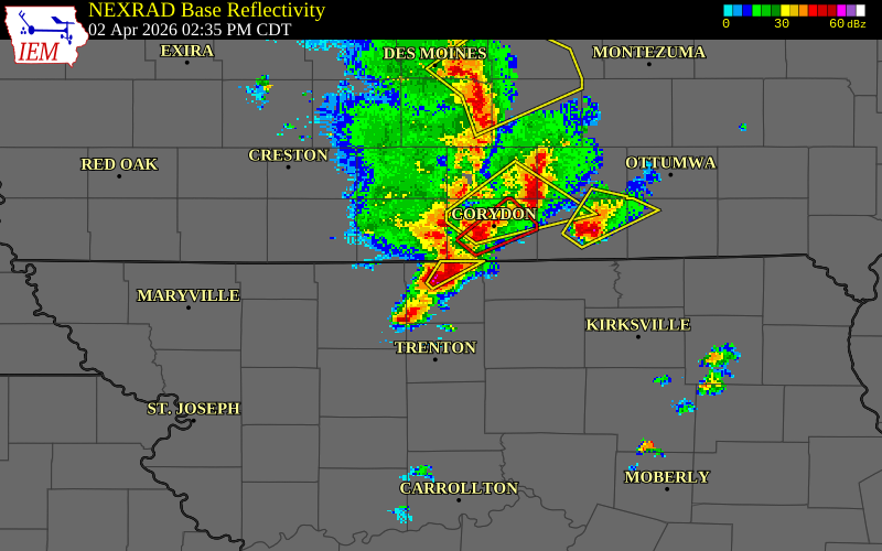 NEXRAD radar during the Thursday, April 2, 2026 storm activity in Mercer County, Missouri