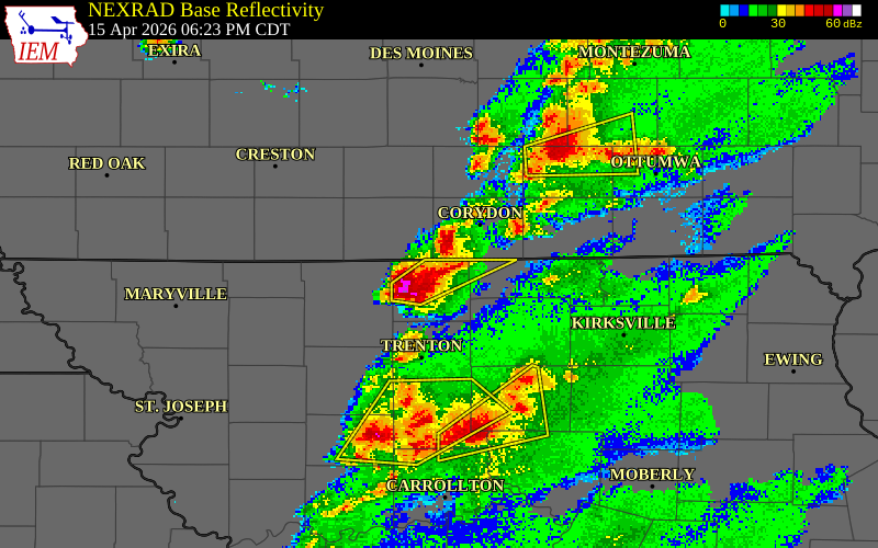 NEXRAD radar during the Wednesday, April 15, 2026 storm activity in Mercer County, Missouri