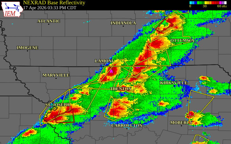 NEXRAD radar during the Friday, April 17, 2026 storm activity in Mercer County, Missouri