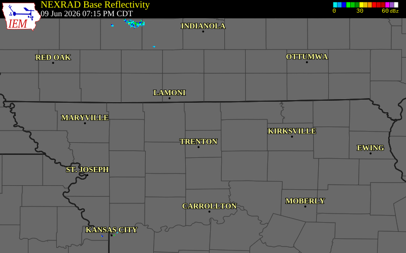NEXRAD radar during the Tuesday, June 9, 2026 storm activity in Mercer County, Missouri
