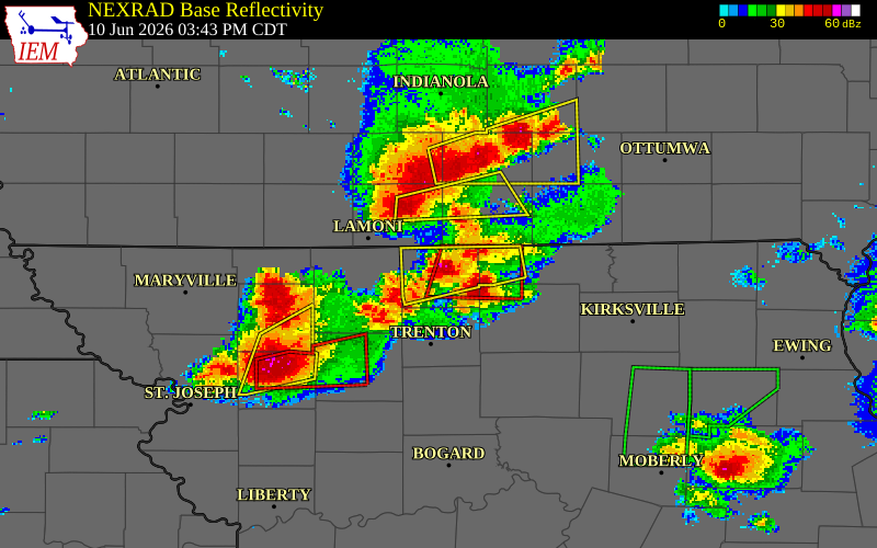 NEXRAD radar during the Wednesday, June 10, 2026 storm activity in Mercer County, Missouri