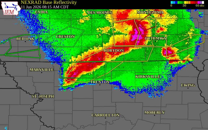 NEXRAD radar during the Thursday, June 11, 2026 storm activity in Mercer County, Missouri