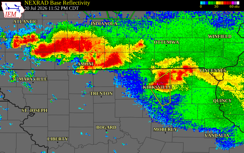 NEXRAD radar during the Monday, July 20, 2026 storm activity in Mercer County, Missouri