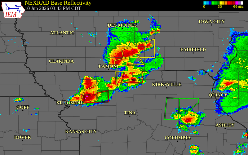 Radar snapshot during the Jun 10, 2026 tornado event near 3 NNE Princeton, Mercer County, Missouri, with NWS warning polygons