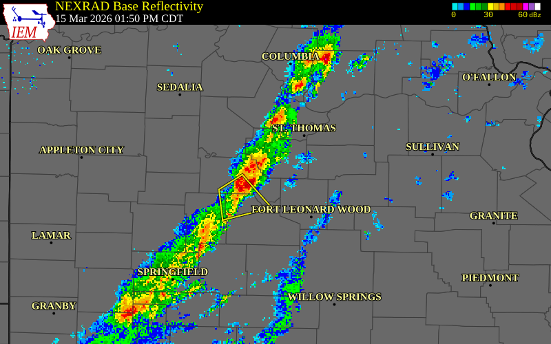NEXRAD radar during the Sunday, March 15, 2026 storm activity in Miller County, Missouri