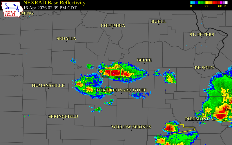 NEXRAD radar during the Thursday, April 16, 2026 storm activity in Miller County, Missouri