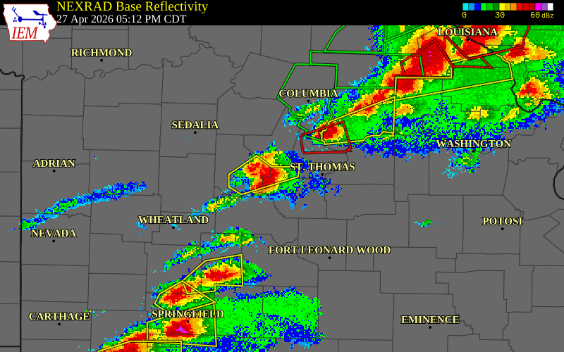 NEXRAD radar during the Monday, April 27, 2026 storm activity in Miller County, Missouri