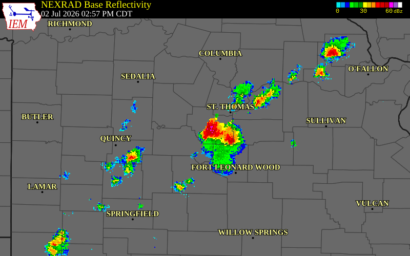 NEXRAD radar during the Thursday, July 2, 2026 storm activity in Miller County, Missouri