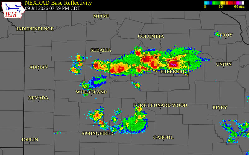 NEXRAD radar during the Thursday, July 9, 2026 storm activity in Miller County, Missouri