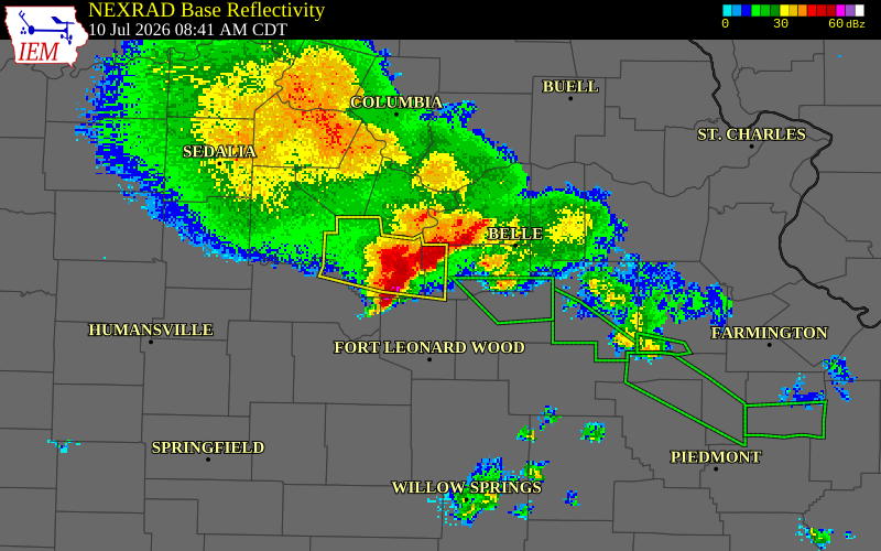 NEXRAD radar during the Friday, July 10, 2026 storm activity in Miller County, Missouri