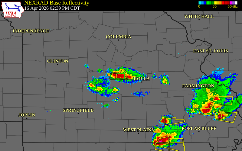 Radar snapshot during the Apr 16, 2026 hail event near 2 NE Iberia, Miller County, Missouri, with NWS warning polygons