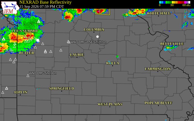 Current NEXRAD radar over Miller County, Missouri with recent storm report locations