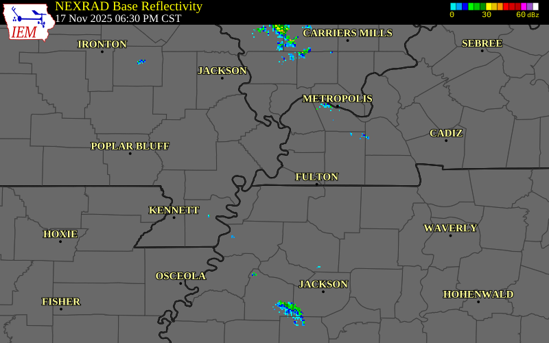 NEXRAD radar during the Monday, November 17, 2025 storm activity in Mississippi County, Missouri