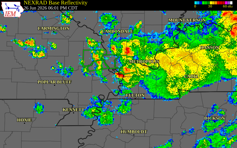 NEXRAD radar during the Friday, June 26, 2026 storm activity in Mississippi County, Missouri