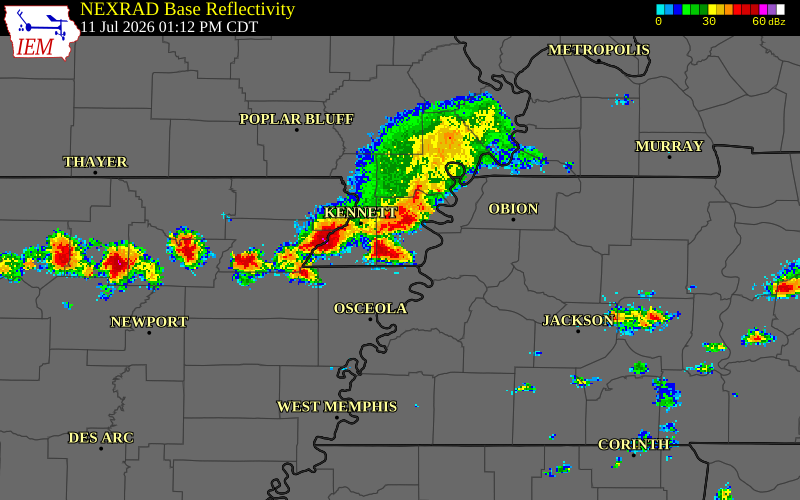 NEXRAD radar during the Saturday, July 11, 2026 storm activity in Mississippi County, Missouri