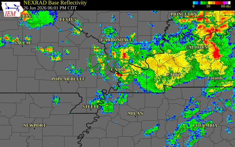 Radar snapshot during the Jun 26, 2026 tornado event near 4 NNE Wilson City, Mississippi County, Missouri, with NWS warning polygons