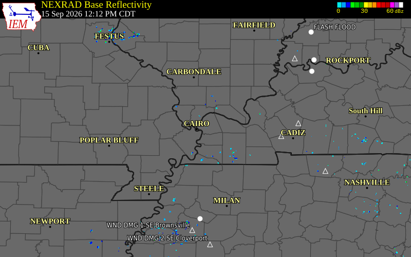 Current NEXRAD radar over Mississippi County, Missouri with recent storm report locations