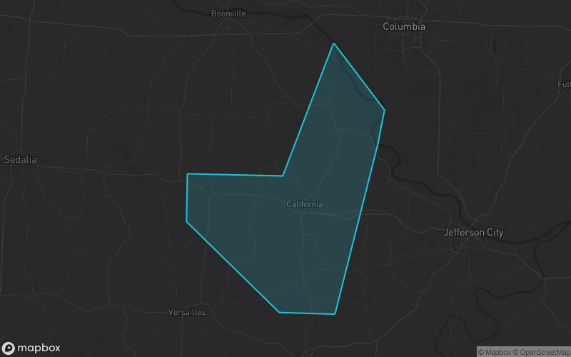 Map of Moniteau County, Missouri showing the county boundary and surrounding cities