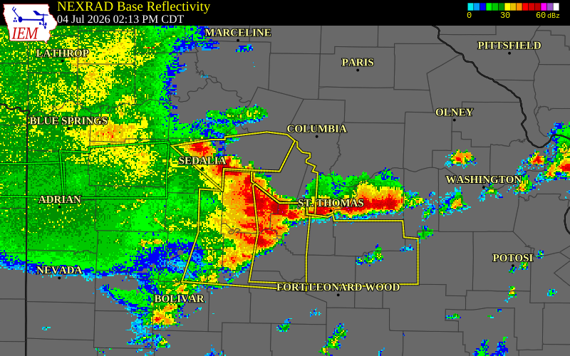 NEXRAD radar during the Saturday, July 4, 2026 storm activity in Moniteau County, Missouri