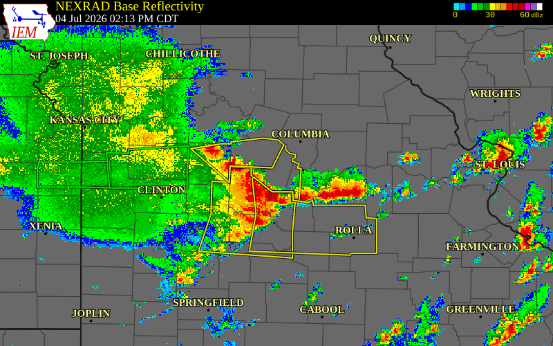 Radar snapshot during the Jul 4, 2026 wind event near 1 W California, Moniteau County, Missouri, with NWS warning polygons