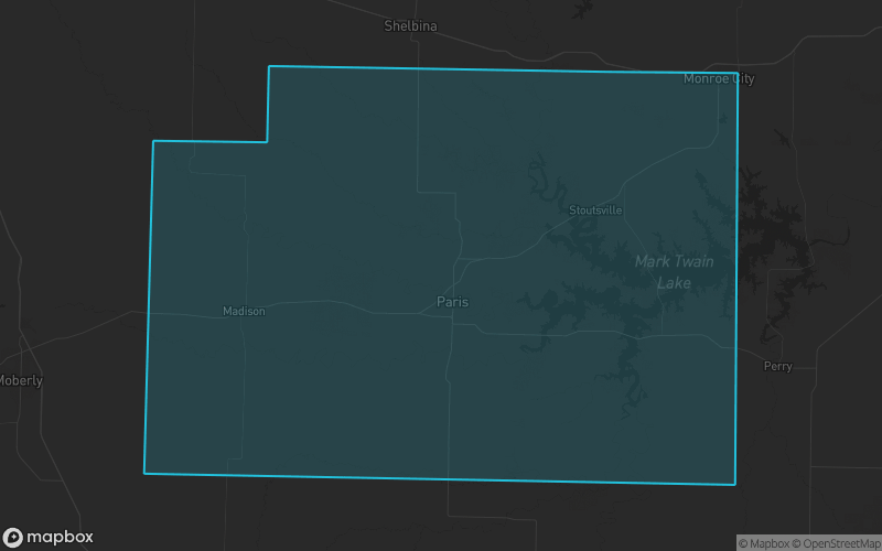 Map of Monroe County, Missouri showing the county boundary and surrounding cities