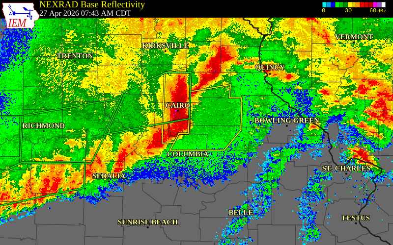 NEXRAD radar during the Monday, April 27, 2026 storm activity in Monroe County, Missouri