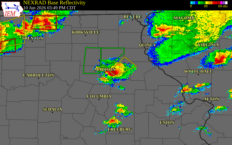 NEXRAD radar during the Wednesday, June 10, 2026 storm activity in Monroe County, Missouri