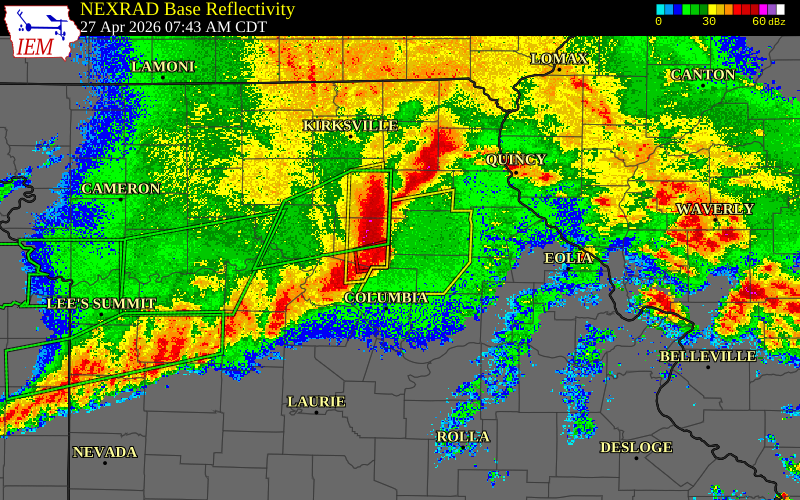Radar snapshot during the Apr 27, 2026 tornado event near 6 S Madison, Monroe County, Missouri, with NWS warning polygons
