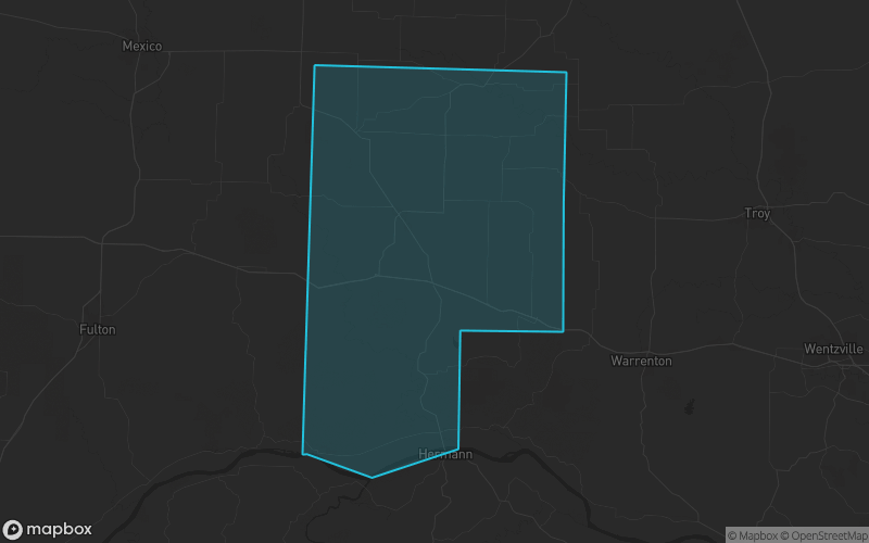Map of Montgomery County, Missouri showing the county boundary and surrounding cities