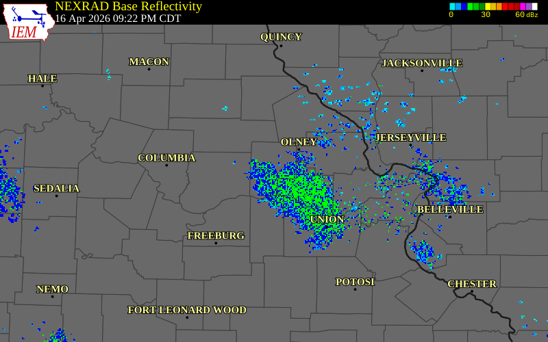 NEXRAD radar during the Thursday, April 16, 2026 storm activity in Montgomery County, Missouri