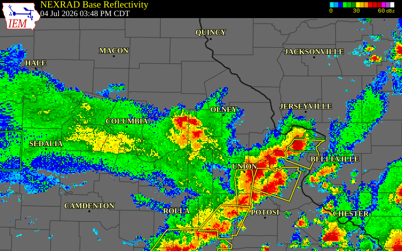 NEXRAD radar during the Saturday, July 4, 2026 storm activity in Montgomery County, Missouri