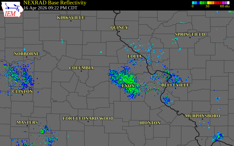 Radar snapshot during the Apr 16, 2026 wind event near New Florence, Montgomery County, Missouri, with NWS warning polygons