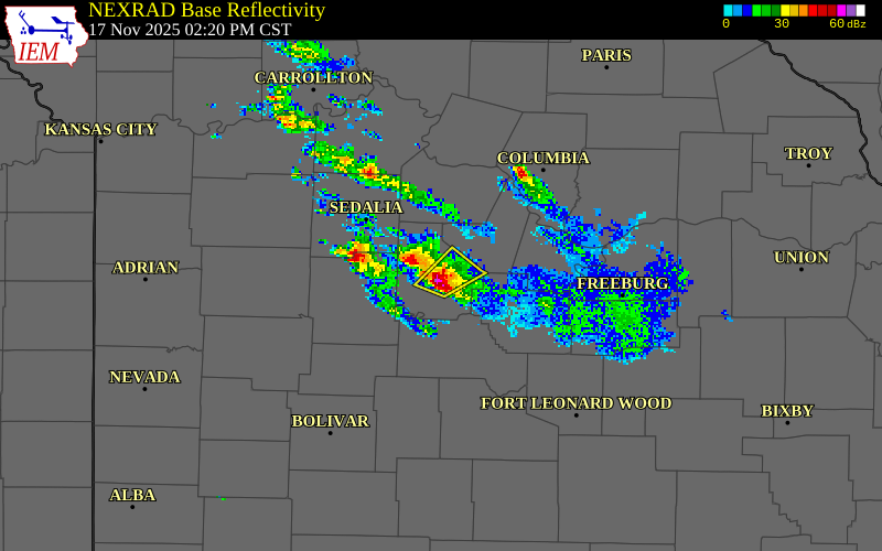 NEXRAD radar during the Monday, November 17, 2025 storm activity in Morgan County, Missouri