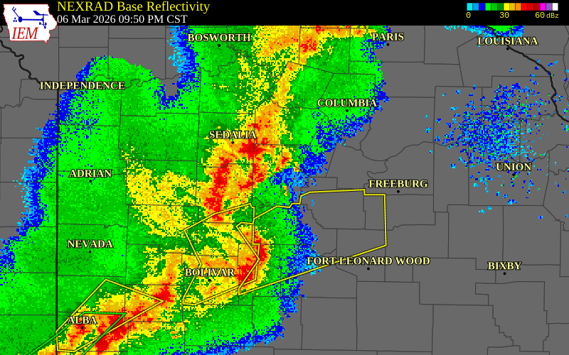 NEXRAD radar during the Friday, March 6, 2026 storm activity in Morgan County, Missouri