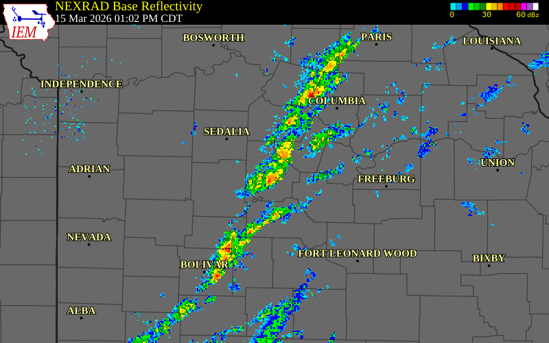 NEXRAD radar during the Sunday, March 15, 2026 storm activity in Morgan County, Missouri