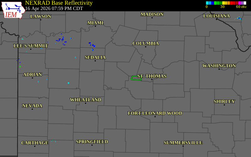 NEXRAD radar during the Thursday, April 16, 2026 storm activity in Morgan County, Missouri