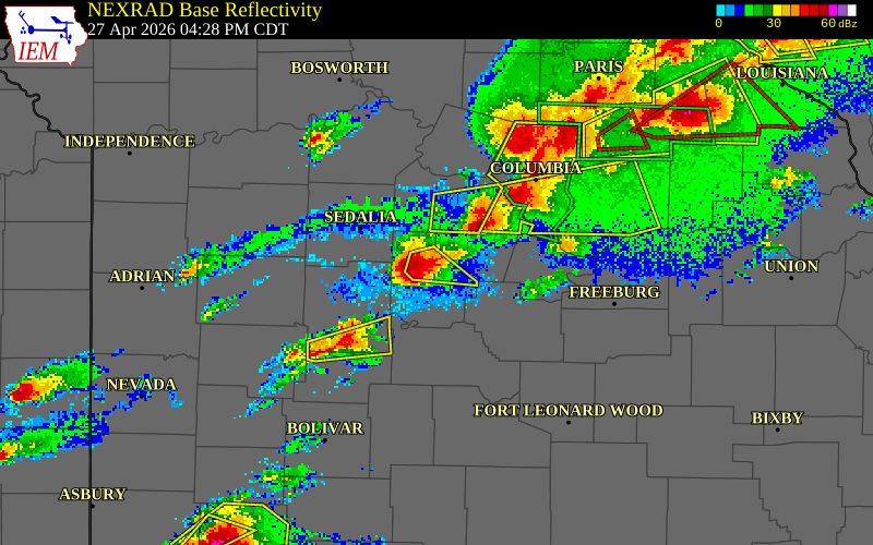 NEXRAD radar during the Monday, April 27, 2026 storm activity in Morgan County, Missouri