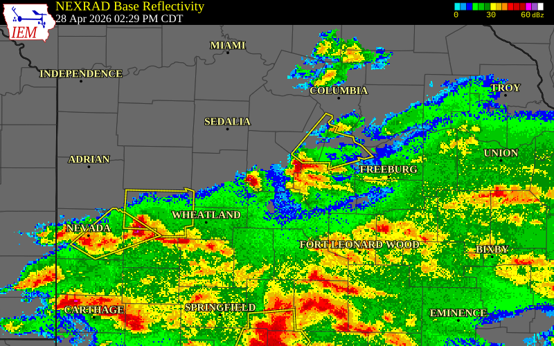 NEXRAD radar during the Tuesday, April 28, 2026 storm activity in Morgan County, Missouri
