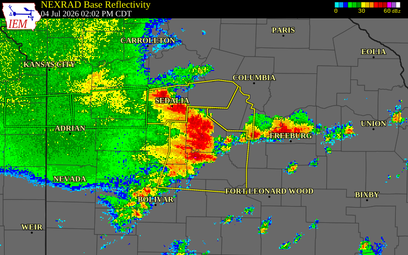 NEXRAD radar during the Saturday, July 4, 2026 storm activity in Morgan County, Missouri