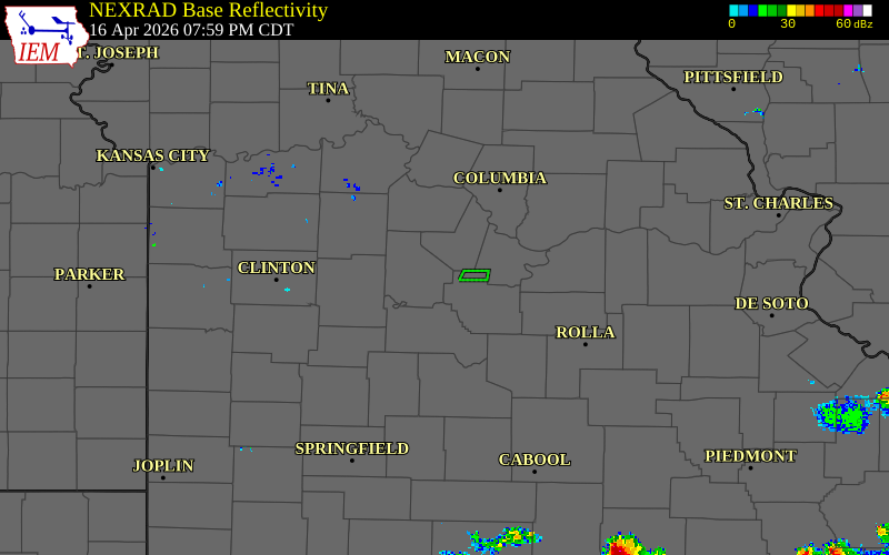 Radar snapshot during the Apr 16, 2026 tornado event near 1 WNW Barnett, Morgan County, Missouri, with NWS warning polygons