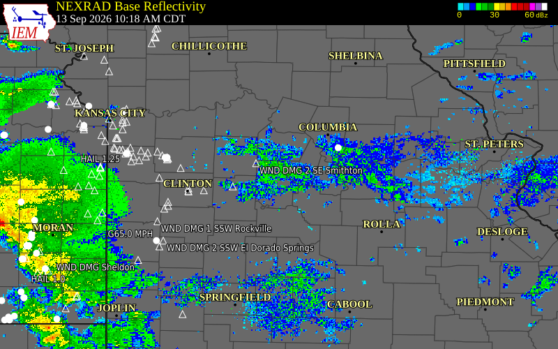 Current NEXRAD radar over Morgan County, Missouri with recent storm report locations