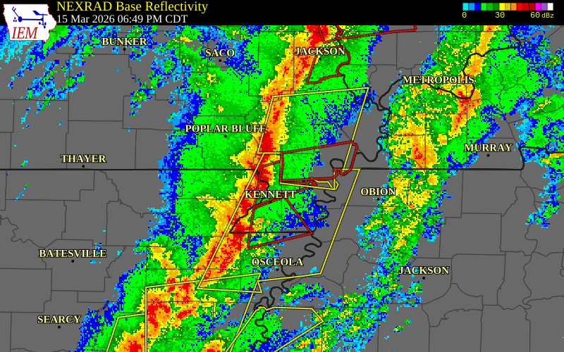 NEXRAD radar during the Sunday, March 15, 2026 storm activity in New Madrid County, Missouri